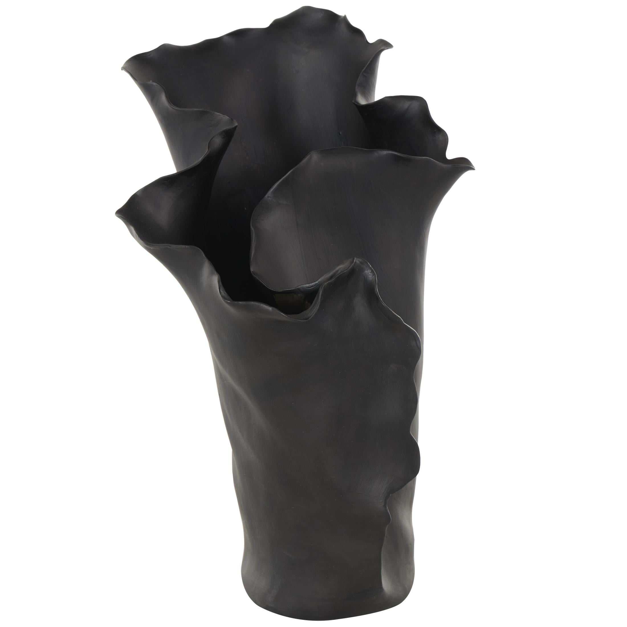 DecMode 16" Abstract Floral Inspired Black Ceramic Vase with Wavy Folded Rim